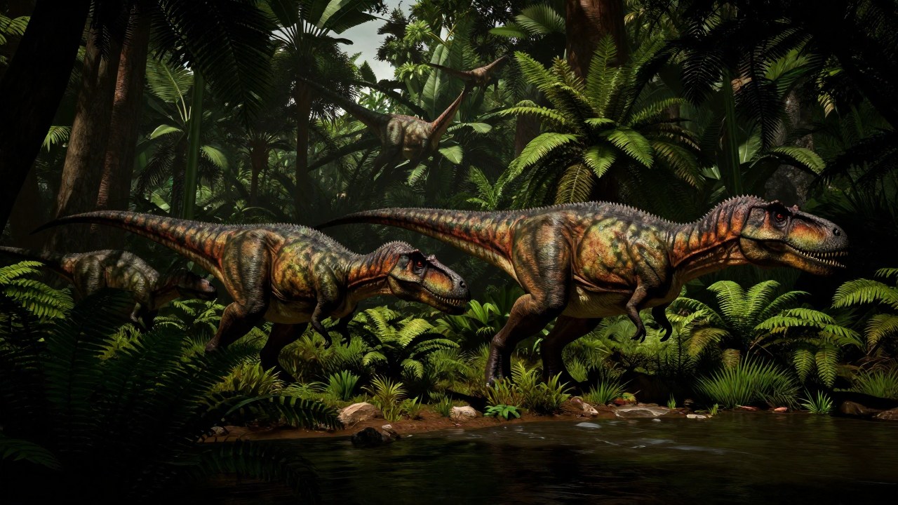 Allosaurus poderosos acechan una presa en un denso y exuberante paisaje prehistórico.