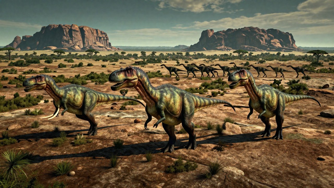 Dinosaurios Tarbosaurus en un paisaje cretácico coordinando la caza de grandes presas.