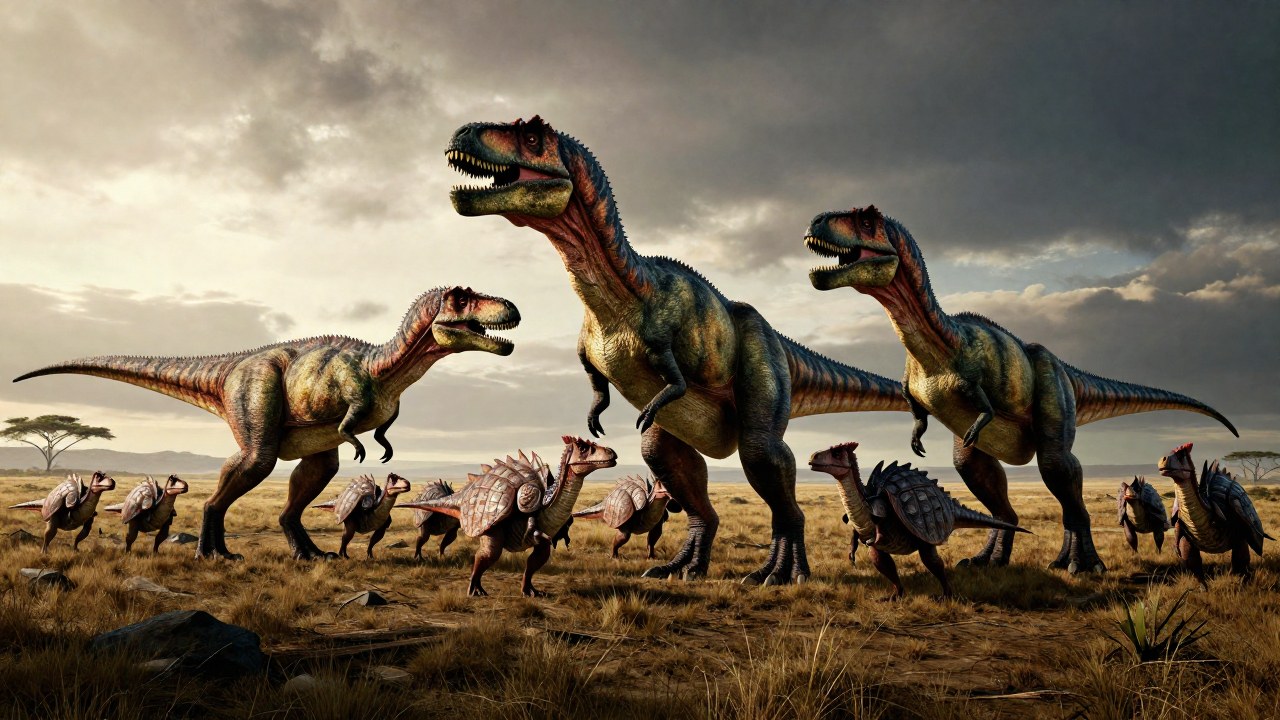 Tres *Tarbosaurus* cazadores atacan coordinadamente a un grupo de presas blindadas en el Cretácico.
