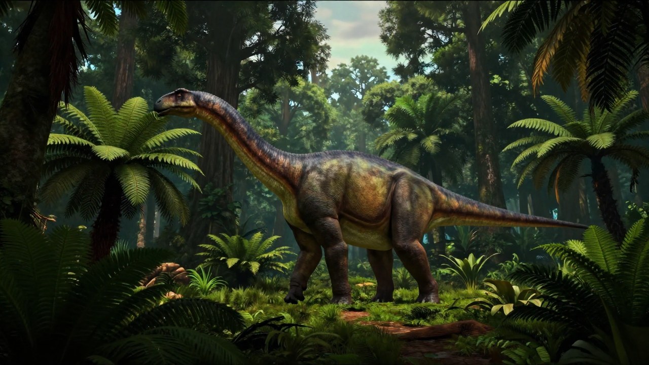 Un Diplodocus se alimenta de follaje en un denso ecosistema jurásico.