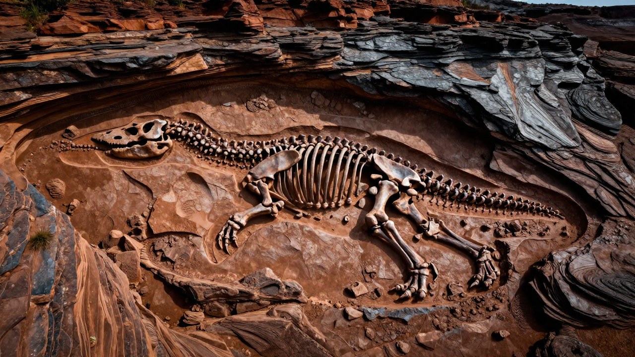 Fósil masivo de sauropodo expuesto en roca sedimentaria jurásica, mostrando el contexto geológico del descubrimiento.