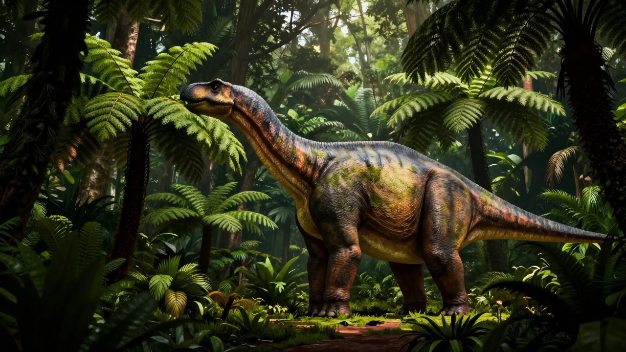 Titanosaurio herbívoro graznando hojas en un denso entorno de selva prehistórica.