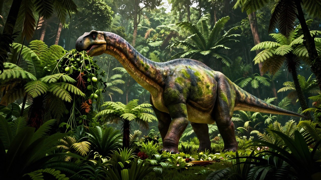 Un gigantesco sauropodo titanosaurio consume densa vegetación en un paisaje prehistórico exuberante.