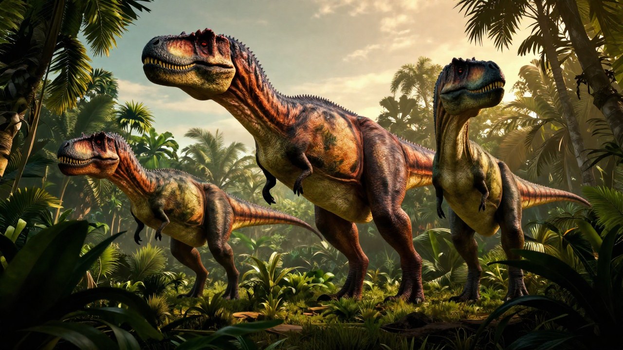 Colosal Giganotosaurus y otros carnívoros gigantes comparan sus tamaños en una jungla prehistórica.