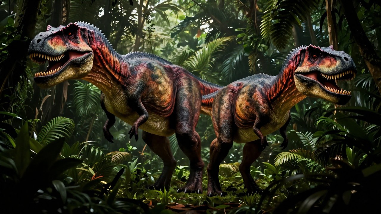Comparación de tamaño entre un Giganotosaurus y otro carnívoro prehistórico en una selva primordial.