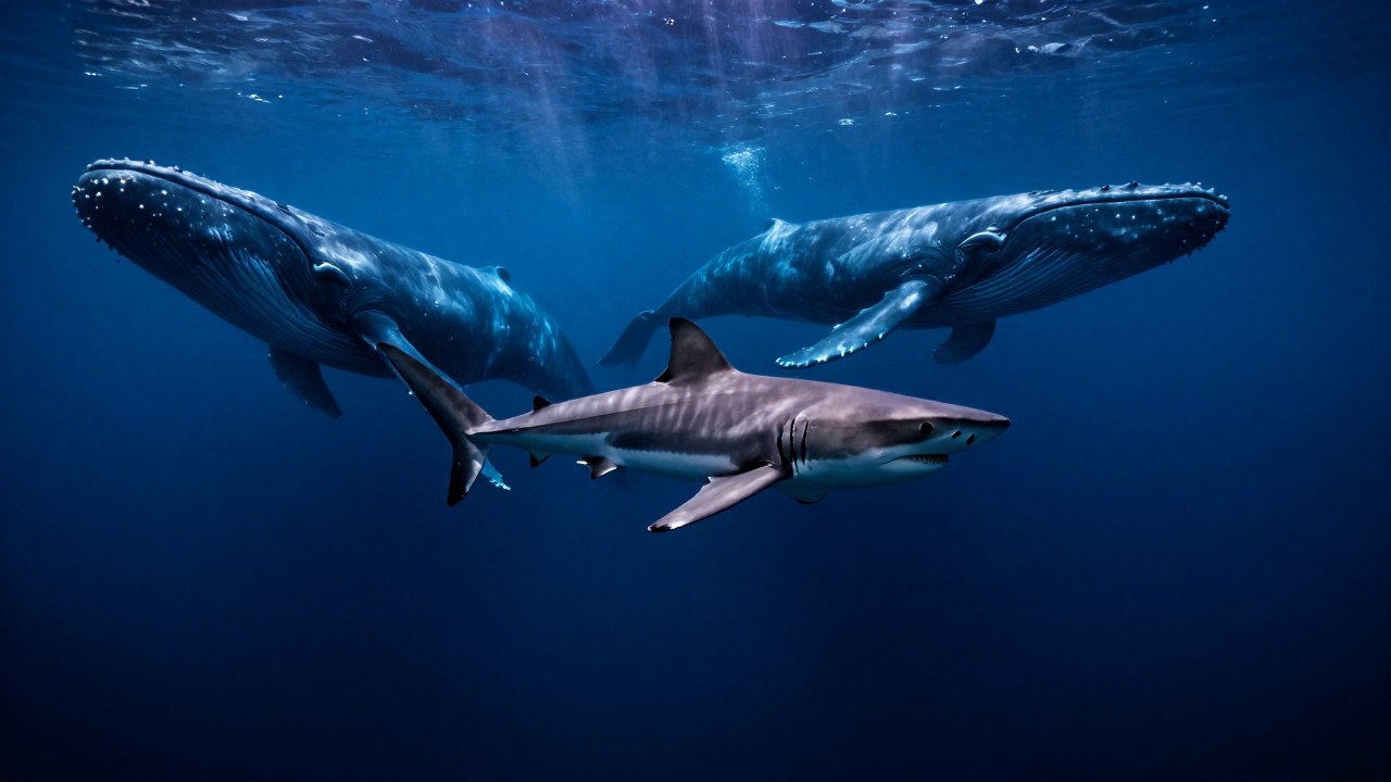 Megalodón, ballena gigante y tiburón prehistórico nadan en el océano profundo, enfatizando la escala de la megafauna marina.
