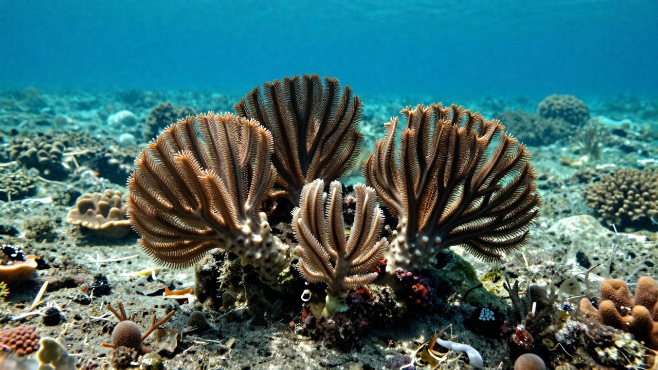 Crinoides ramificados mostrando su estructura biológica en un ecosistema marino de fondo rocoso y arenoso.
