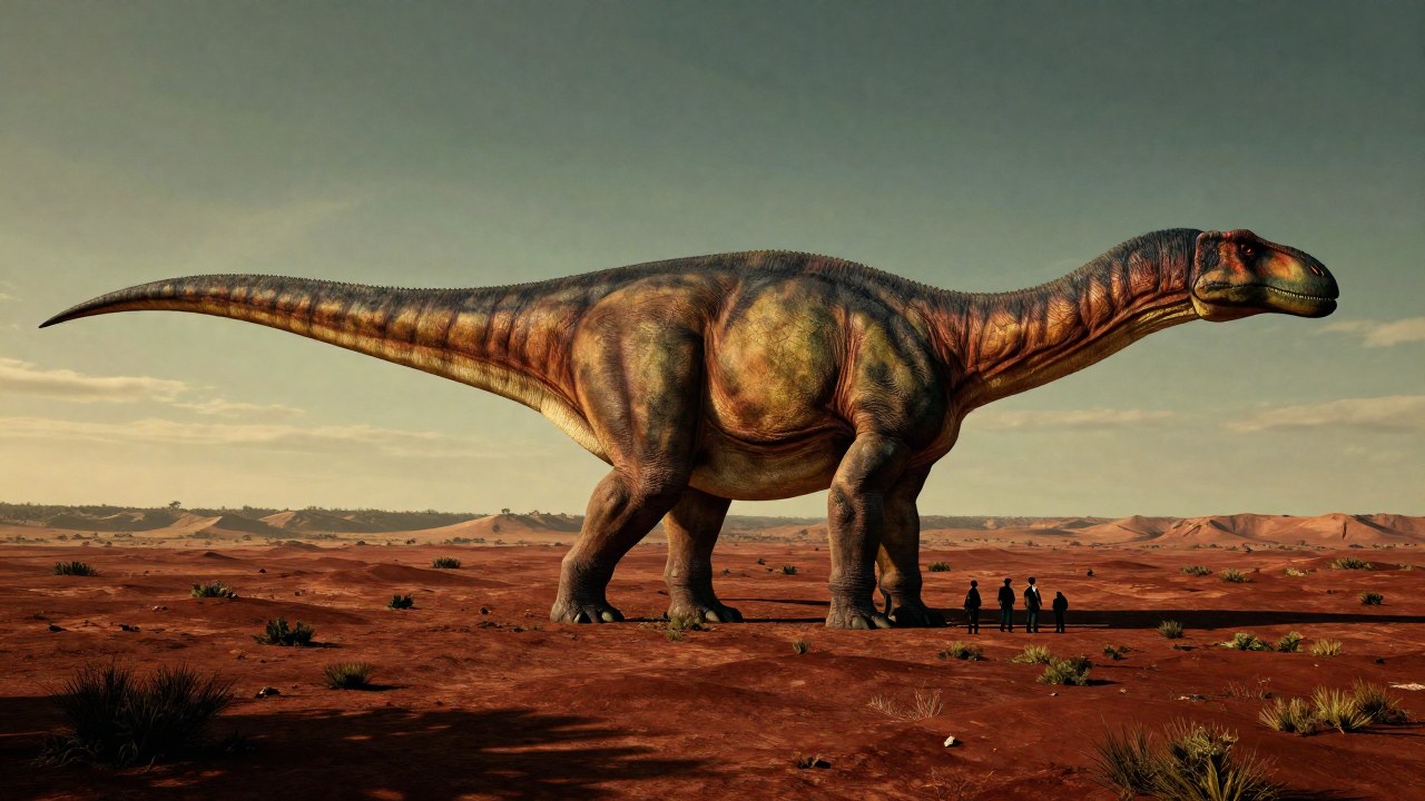 Un Apatosaurus colosal domina un paisaje árido, con paleontólogos cerca para demostrar su enorme tamaño.