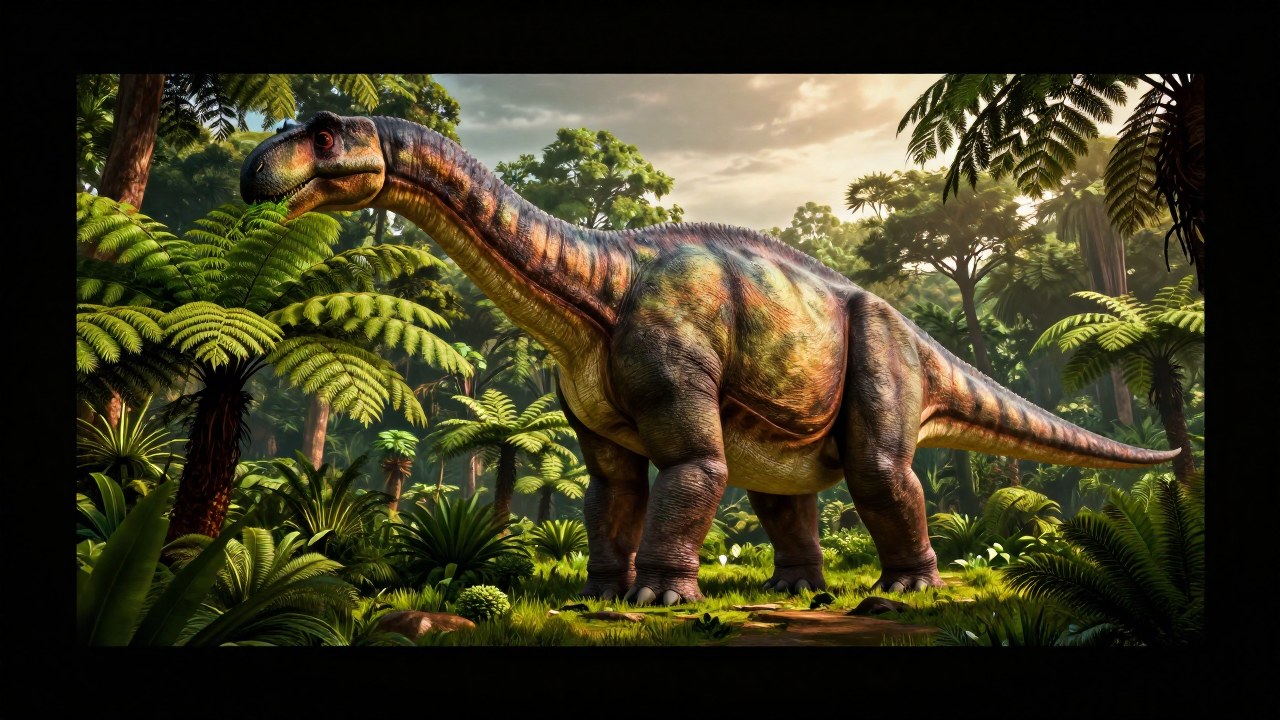 Un Apatosaurus gigante graznando en un denso y exuberante paisaje prehistórico.