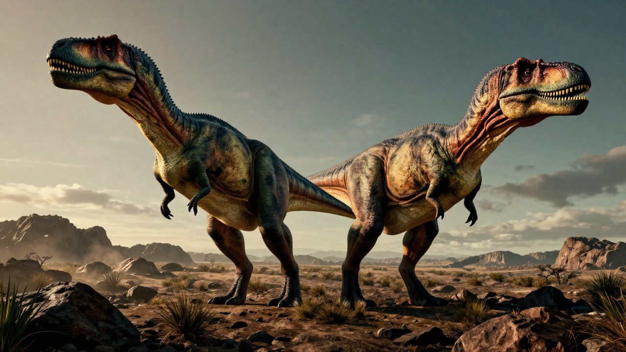 Dos terópodos, *Acrocanthosaurus* y *Carcharodontosaurus*, se comparan en tamaño en un paisaje cretácico.