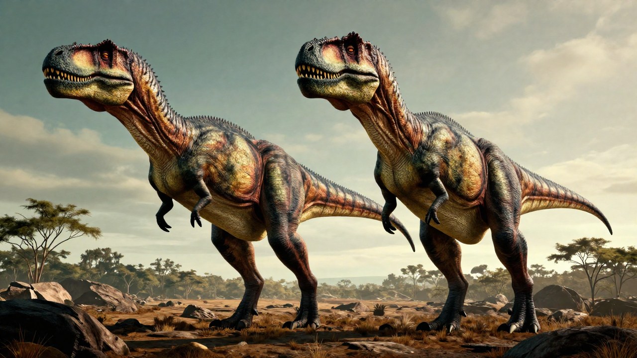 Acrocanthosaurus y Carcharodontosaurus, dos terópodos gigantes, están parados lado a lado en un paisaje prehistórico.