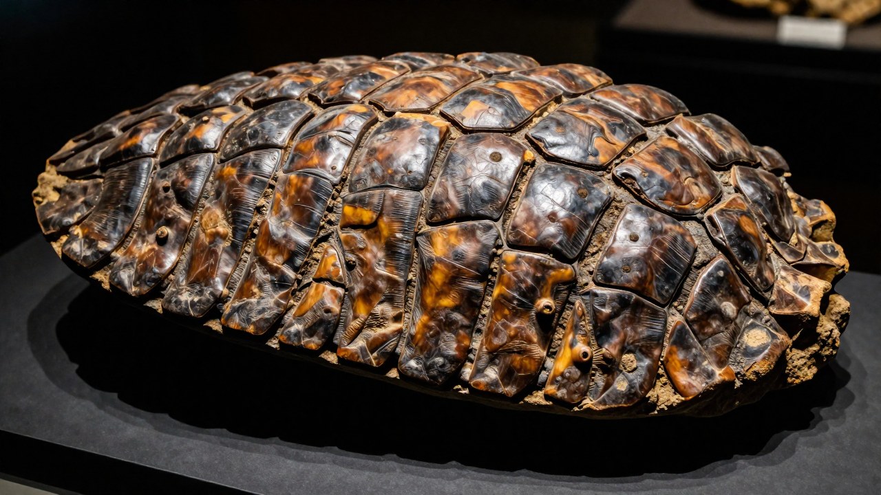 Primer plano de la placa de caparazón fosilizado de Glyptodon, destacando su compleja y robusta estructura ósea.
