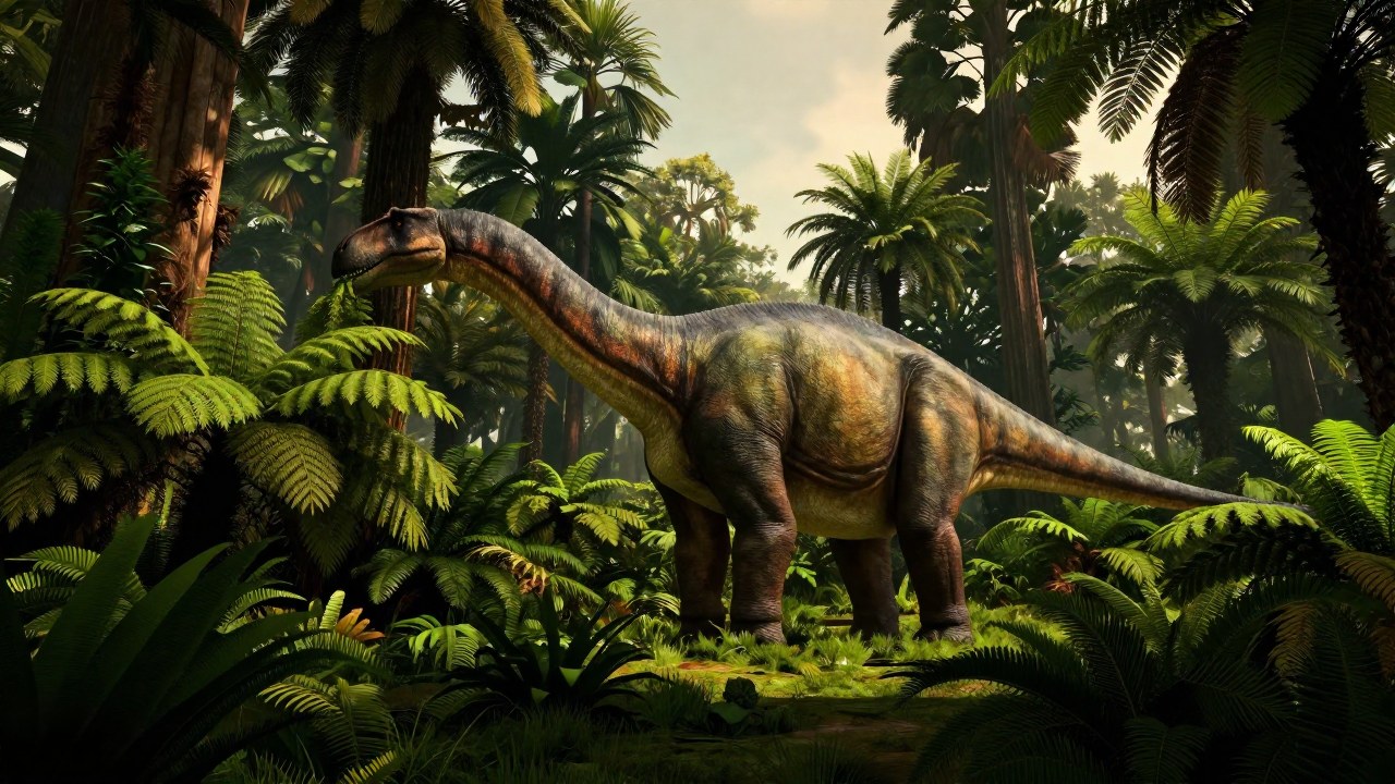 Saurópodo masivo comiendo foliaje y cycas en un entorno vegetal de la era prehistórica.
