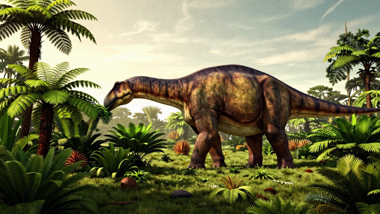 Apatosaurus alimentándose de una variedad de flora en un paisaje fértil del período Cretácico.