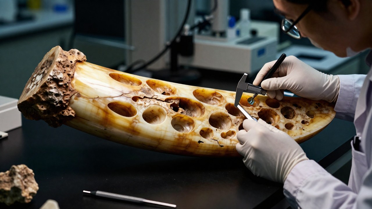 Un investigador examina el marfil de mamut fosilizado con herramientas científicas dentro de un laboratorio.
