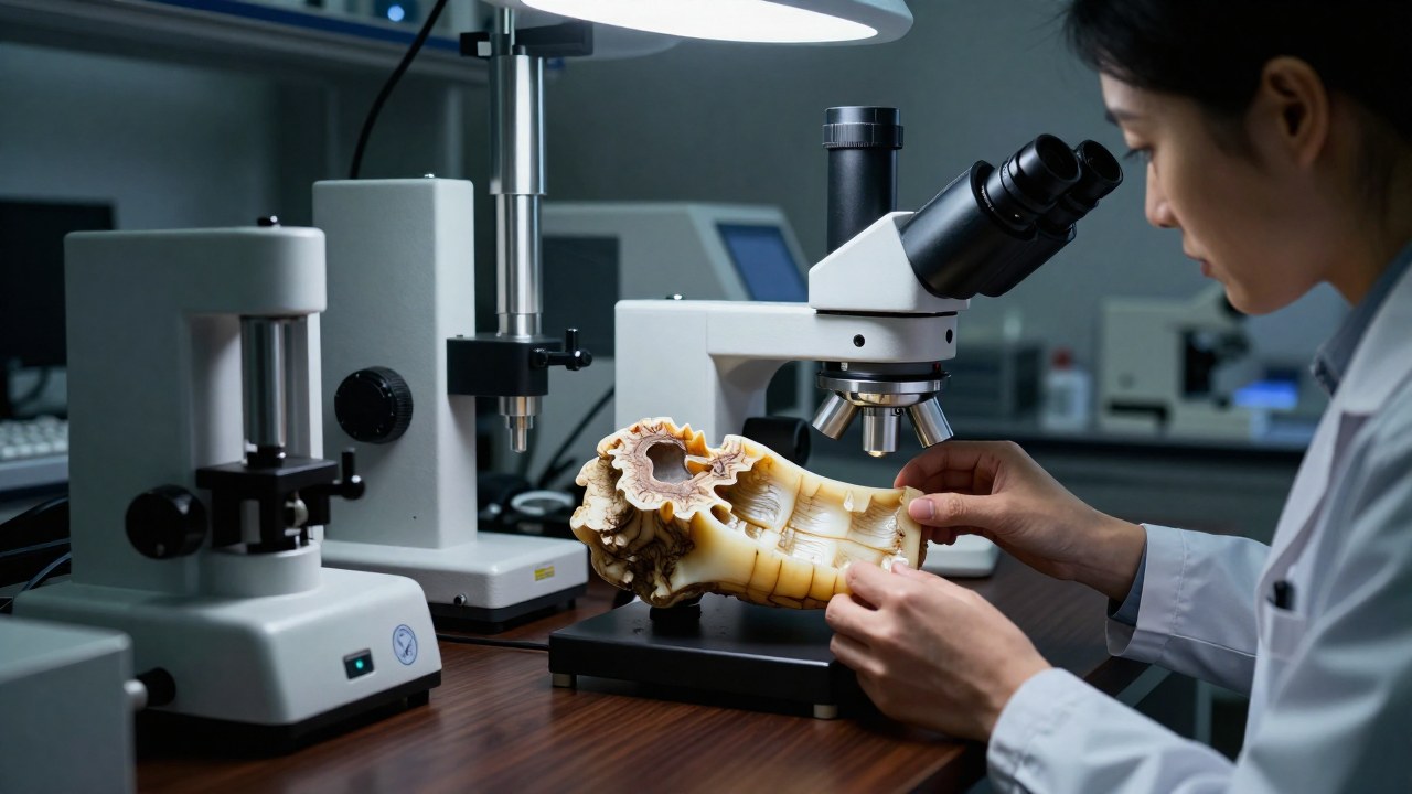 Un investigador analiza un fragmento de marfil fósil de mamut junto a equipo científico en laboratorio.
