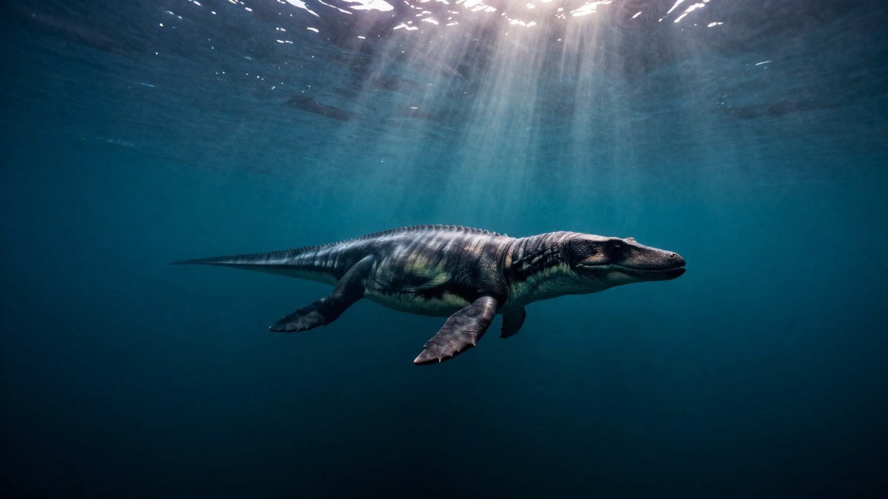 Un gran ictiosaurio navega por las aguas de un antiguo ecosistema marino mesozoico.