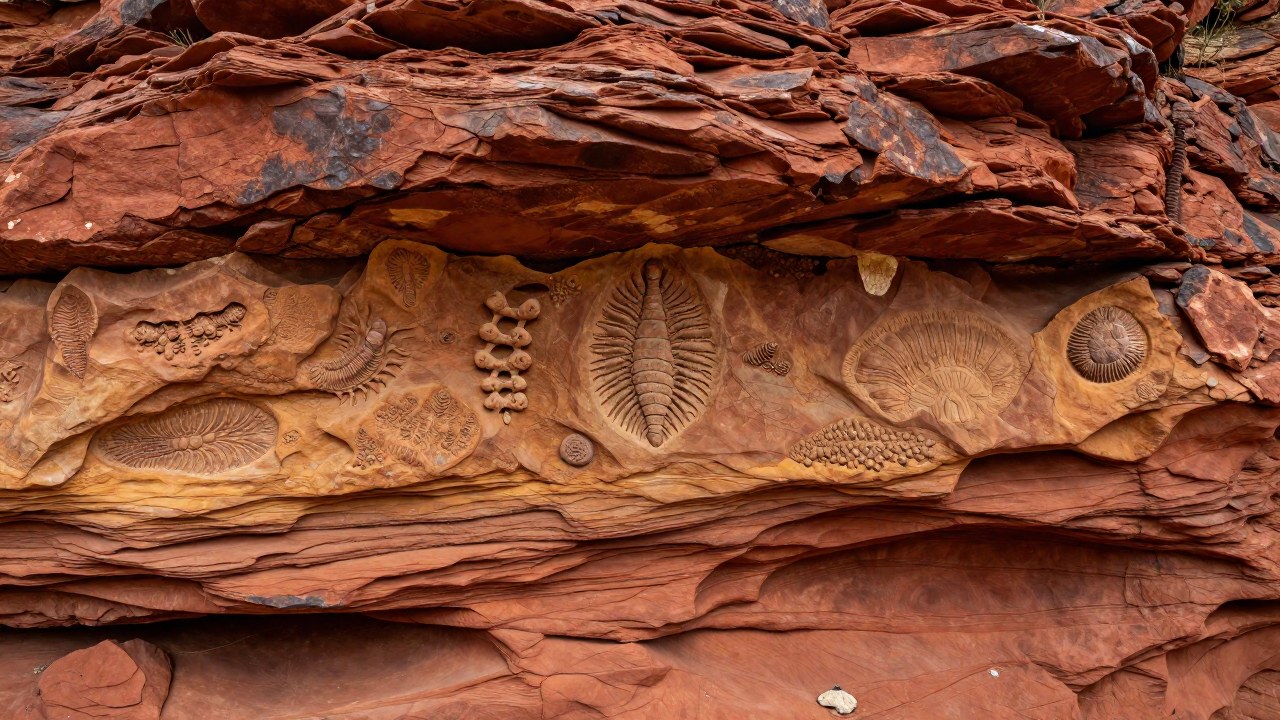 Capas de roca sedimentaria que muestran fósiles detallados de trilobites del género *Paradoxides*.