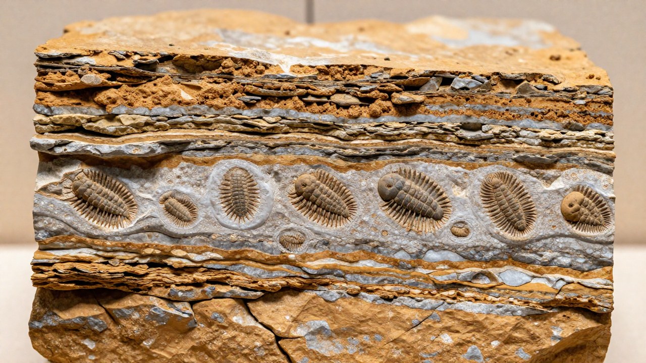Capas geológicas de roca sedimentaria con fósiles detallados de grandes trilobites marinos.