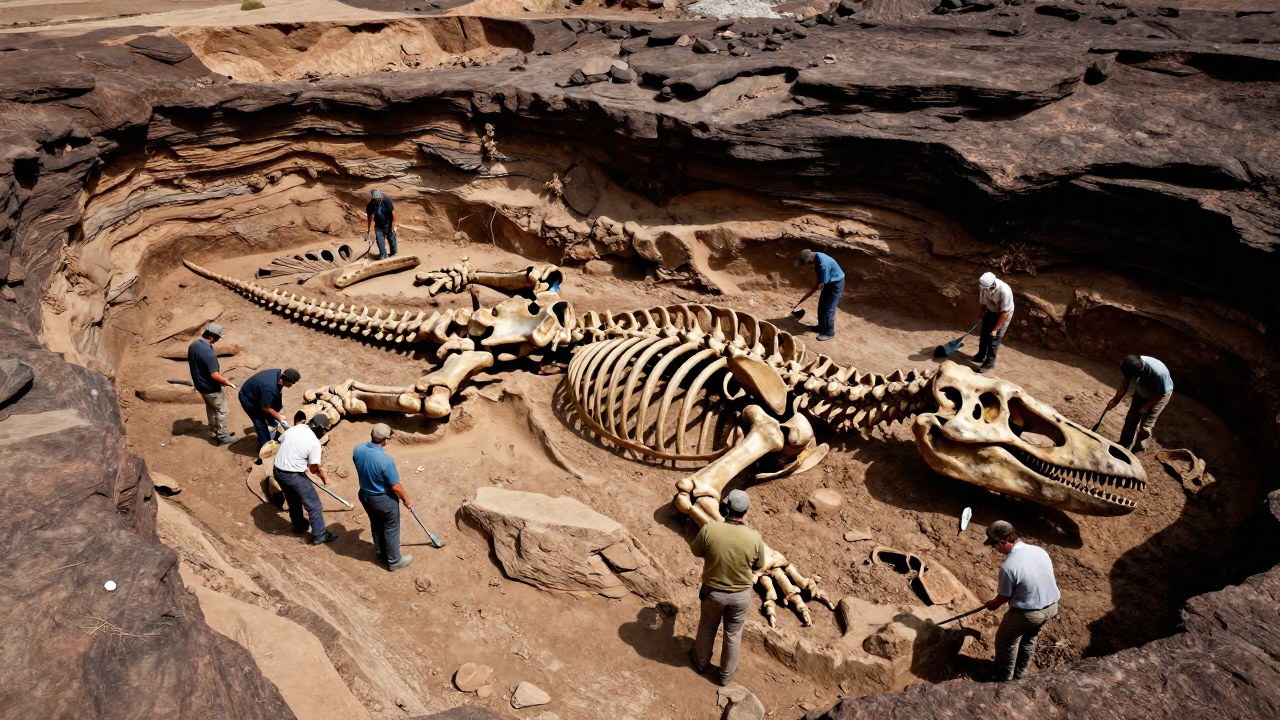 Equipo de paleontólogos excavando el esqueleto de un gran Elasmosaurus en un sitio fósil.