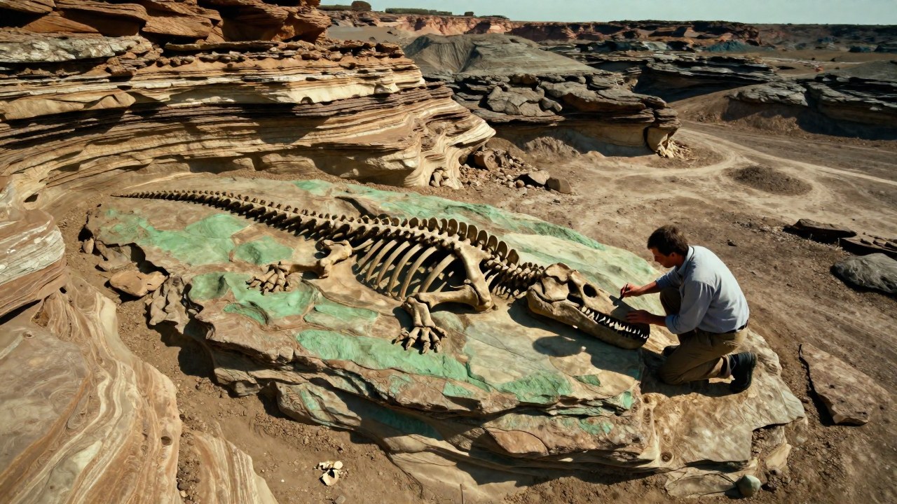 Paleontólogo examina meticulosamente el fósil masivo de Elasmosaurus incrustado en capas de roca sedimentaria.