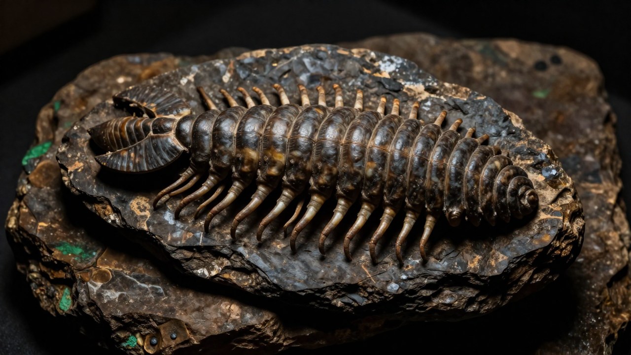 Fósil detallado de trilobite Phacops incrustado en roca, mostrando su compleja estructura segmentada.