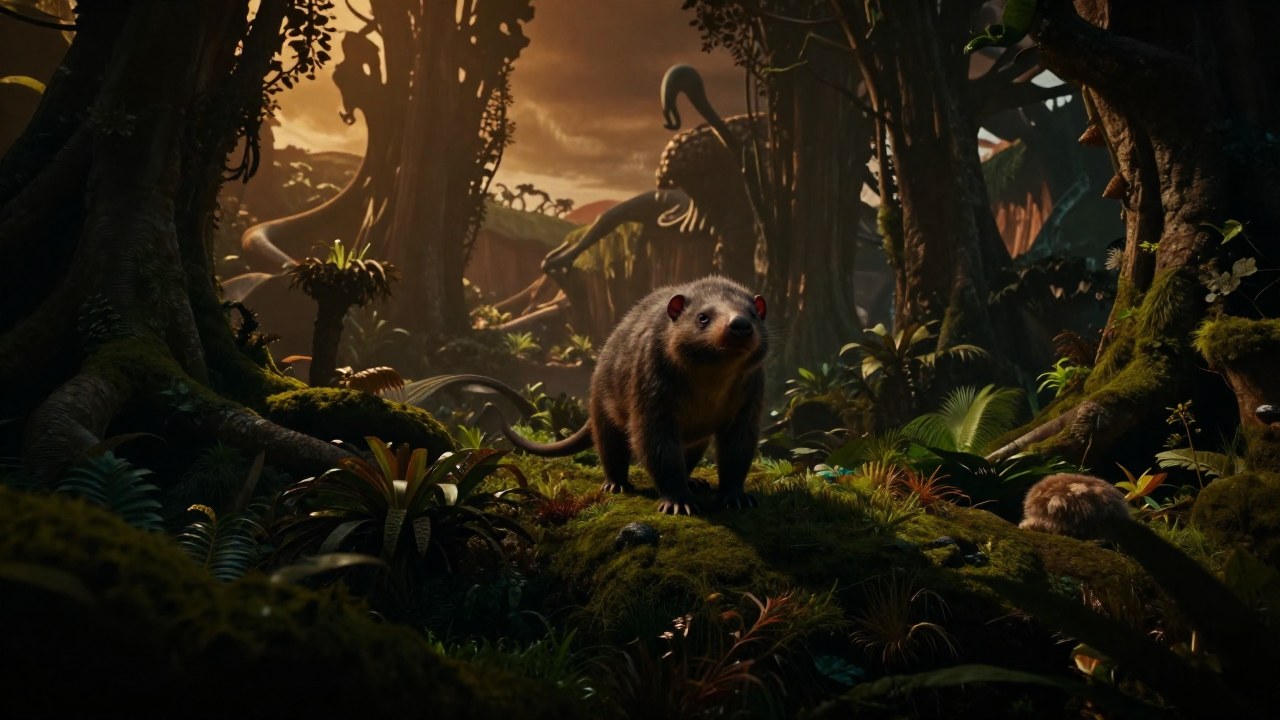 Ancestro mamífero emergiendo en un paisaje terrestre antiguo, representando la transición evolutiva.