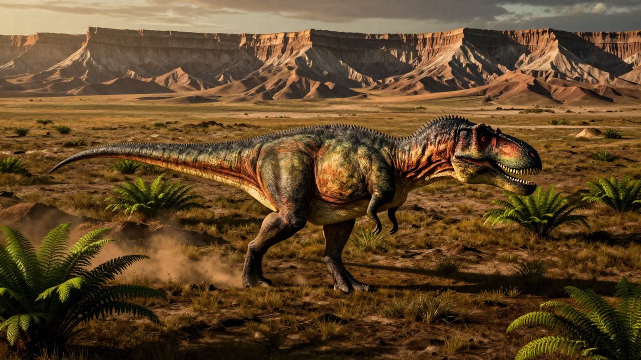 Tarbosaurus theropodo camina en un vasto y árido paisaje prehistórico que sugiere la antigua Asia.