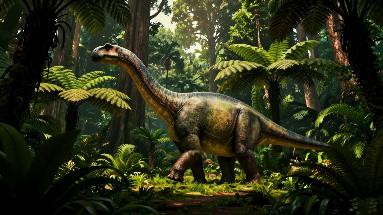 Brachiosaurus gigante caminando entre la densa flora de un ecosistema jurásico.