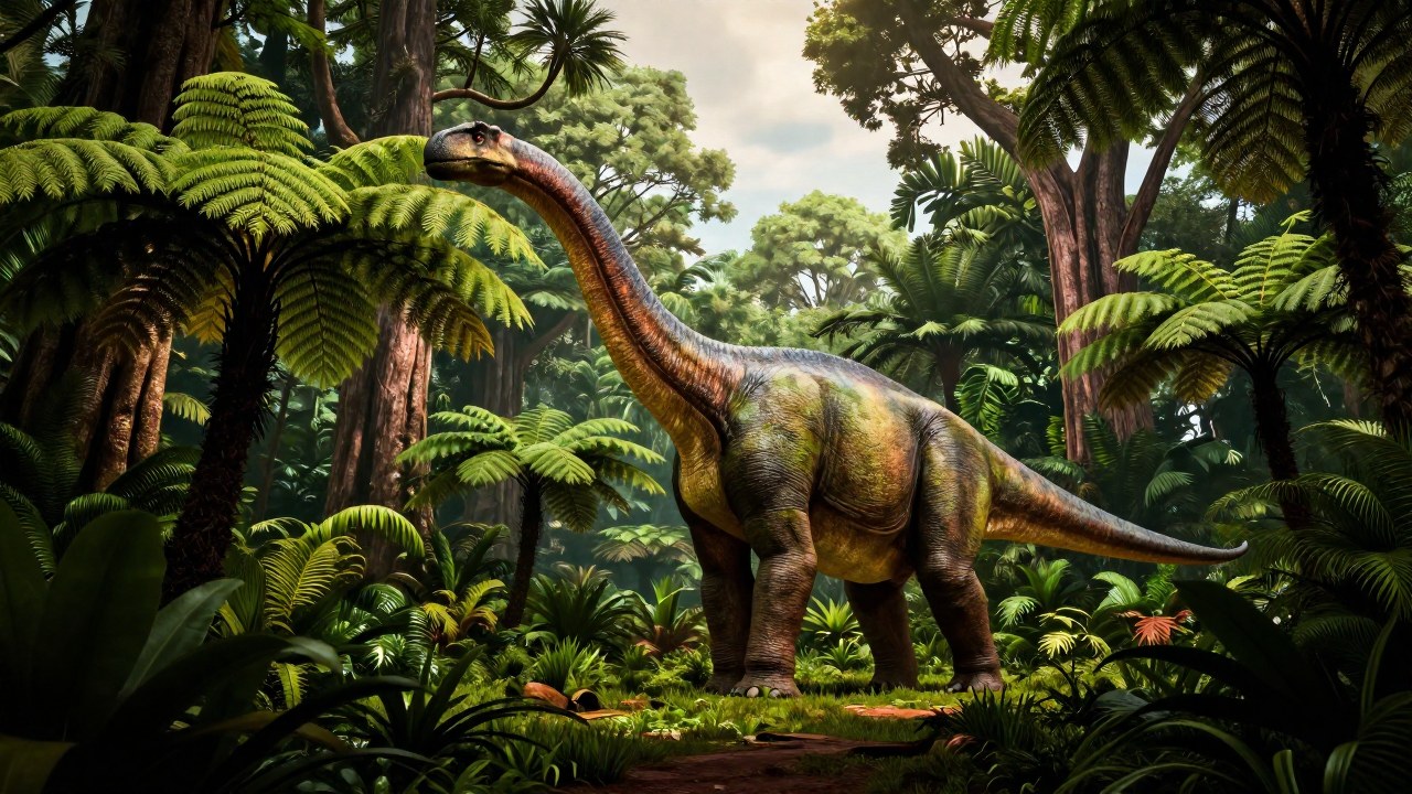 Un braquiosaurio navega por un denso ecosistema jurásico prehistórico en Argentina, alcanzando la vegetación.