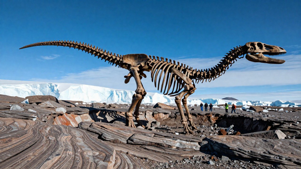 Esqueleto masivo de un Elasmosaurus en Antártida, destacando el hallazgo paleontológico monumental.