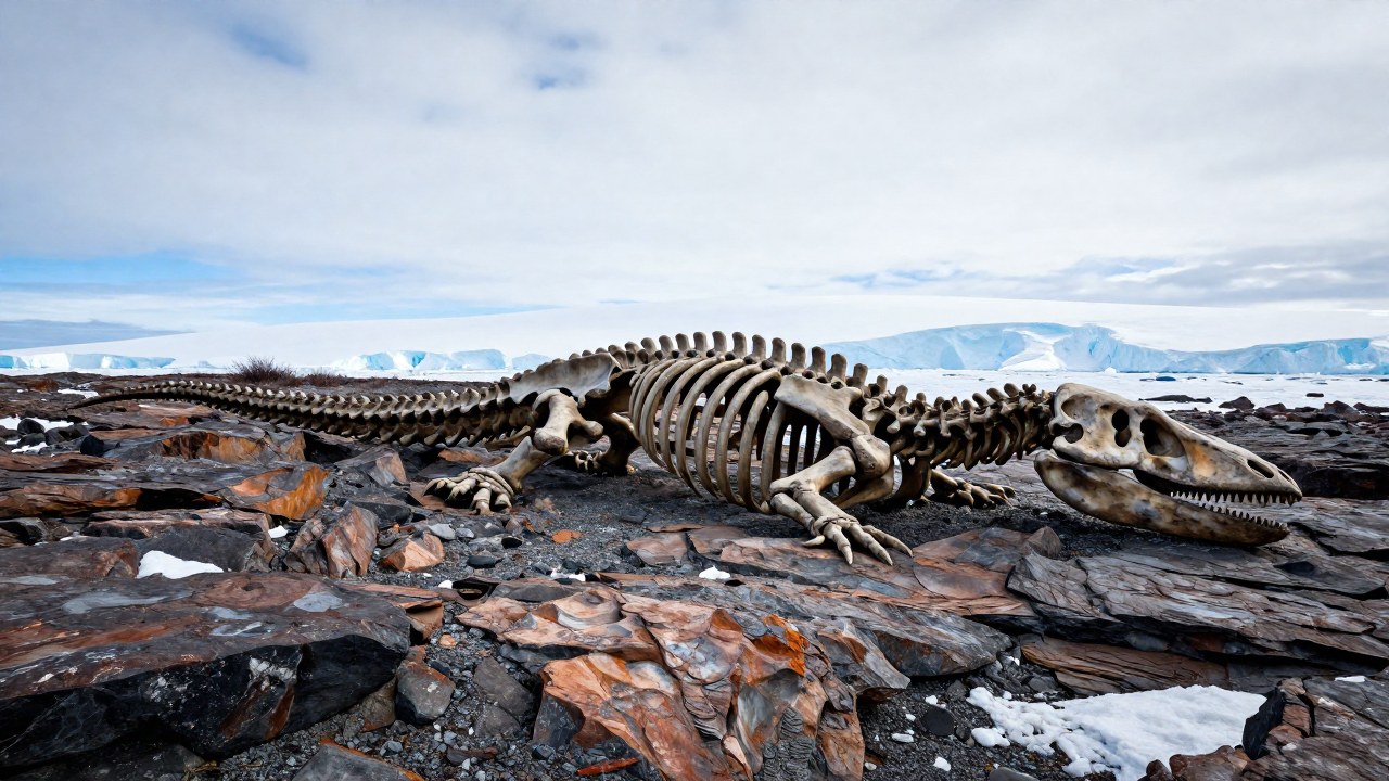 Esqueleto fosilizado de Elasmosaurus parcialmente excavado en el paisaje rocoso de la Antártida.