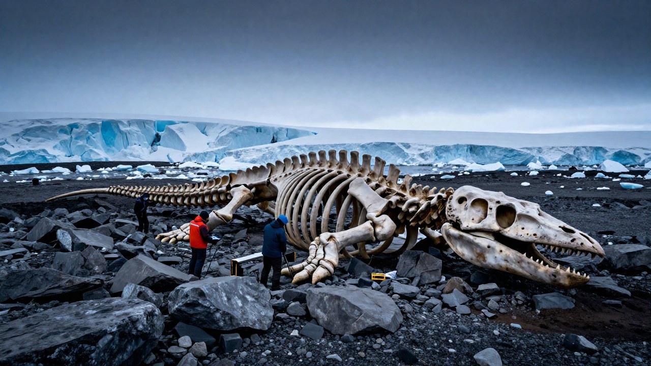 Paleontólogos excavan y miden un enorme esqueleto fósil de reptil marino gigante en la Antártida.