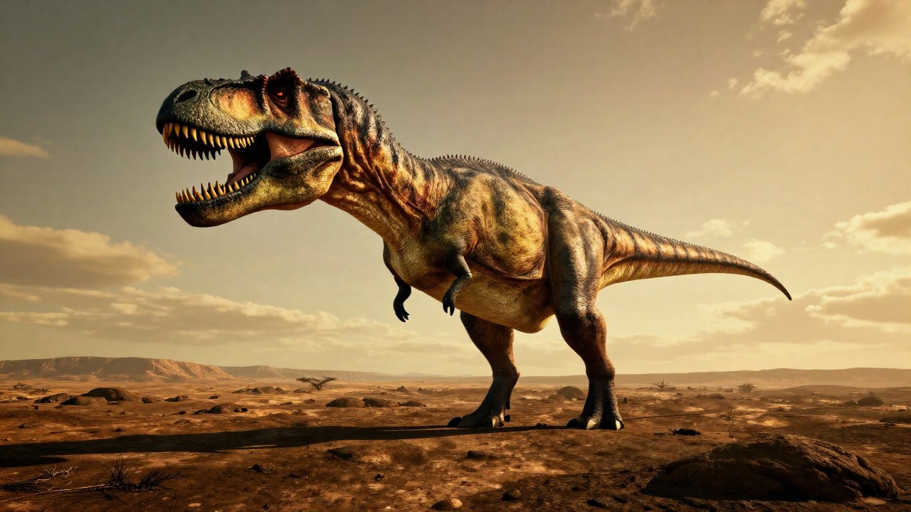 El colosal Carcharodontosaurus exhibe su cráneo masivo y dientes en un vasto paisaje del Cretácico.