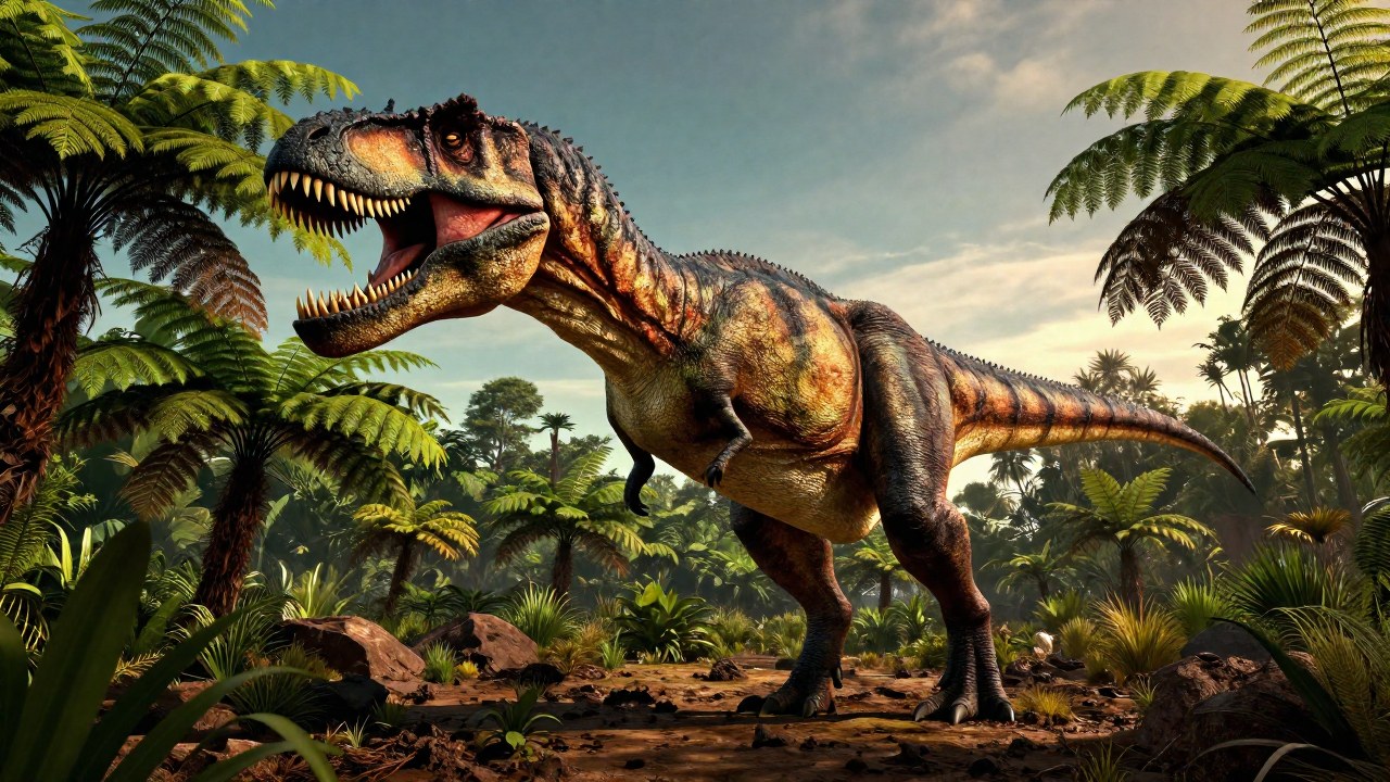 Carcharodontosaurus adulto en entorno cretácico, destacando su inmenso tamaño y poderosa dentición.