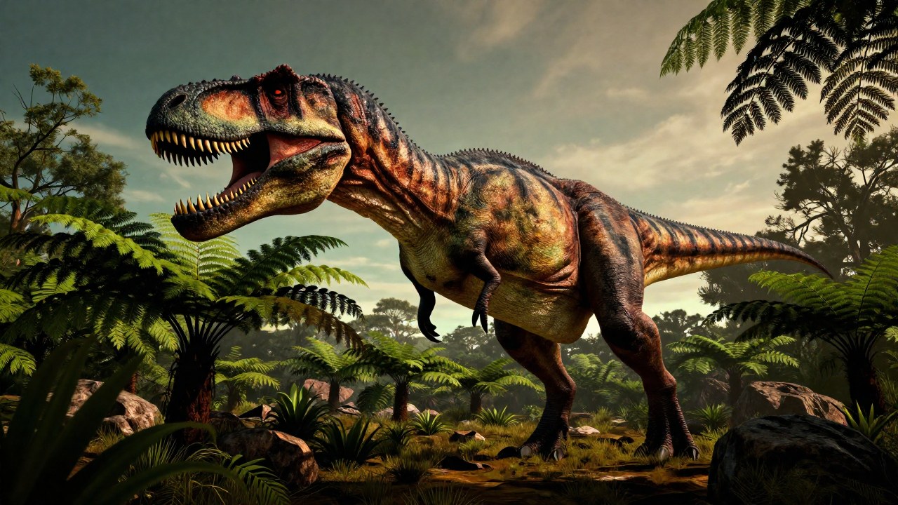 Carcharodontosaurus gigante camina en su entorno cretácico, mostrando claramente su dentición poderosa y serrada.