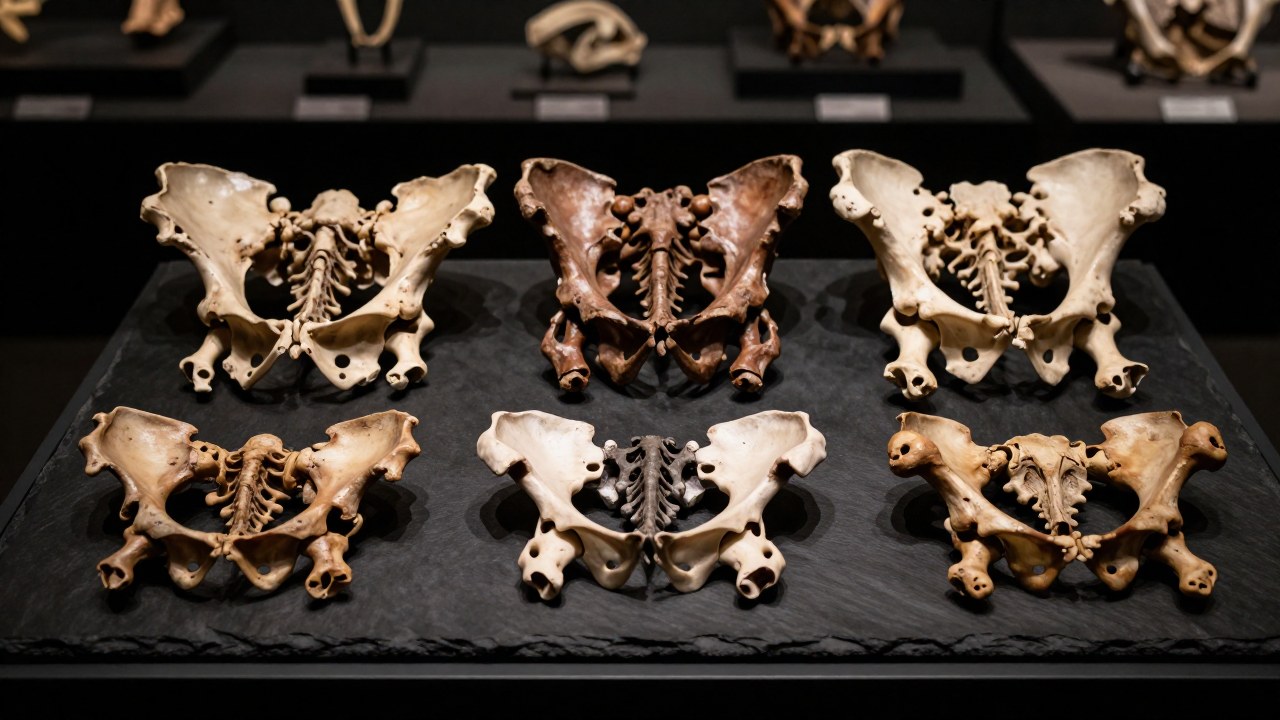 Exhibición de fósiles pélvicos de dinosaurios dispuestos para comparar las diferencias morfológicas evolutivas.