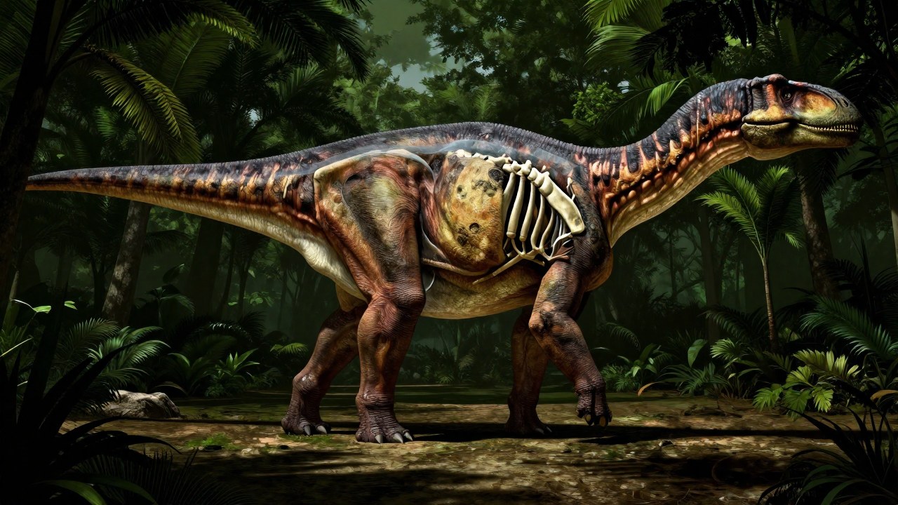 Apatosaurus en entorno prehistórico mostrando la estructura esquelética del cinturón pélvico en transparencia.