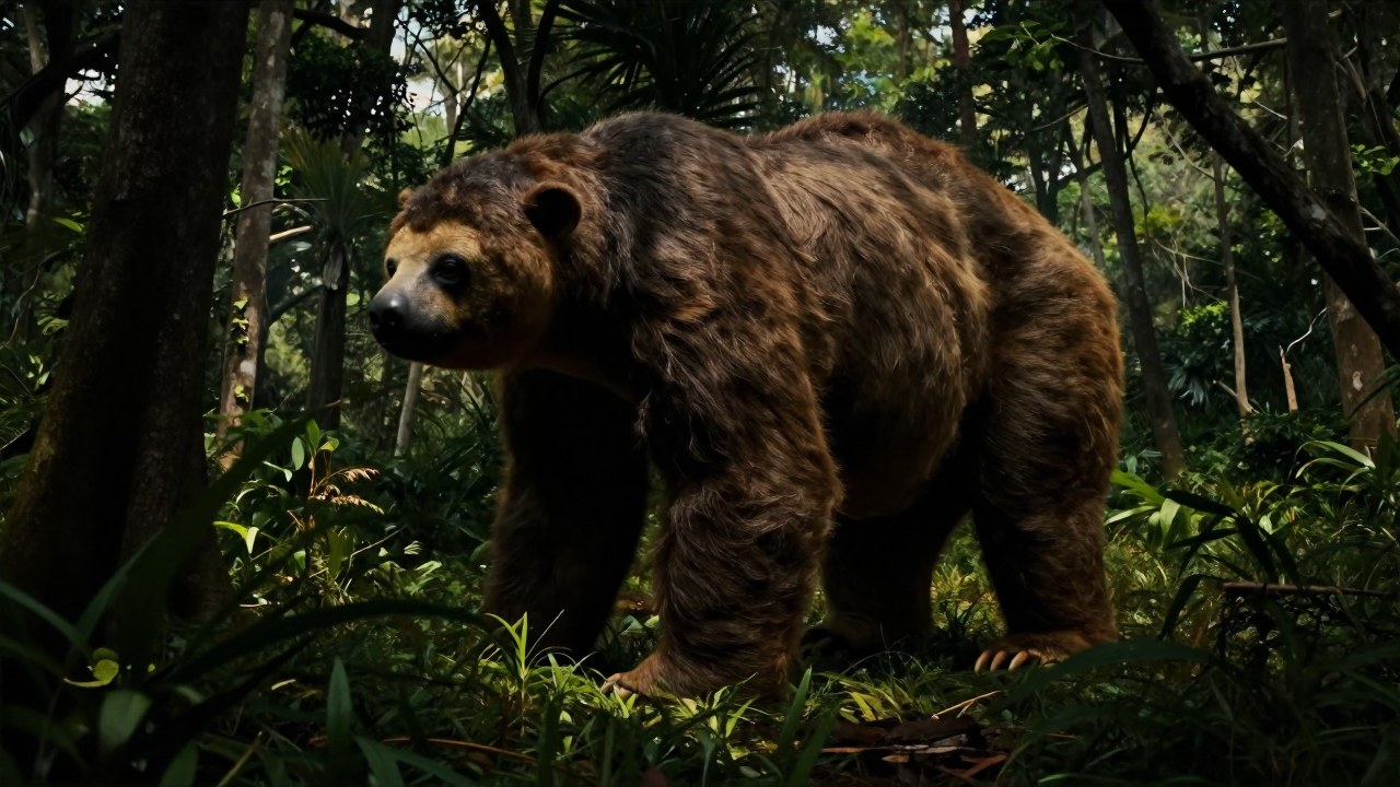 Un gigantesco perezoso terrestre de Megatherium en un denso bosque prehistórico sudamericano.