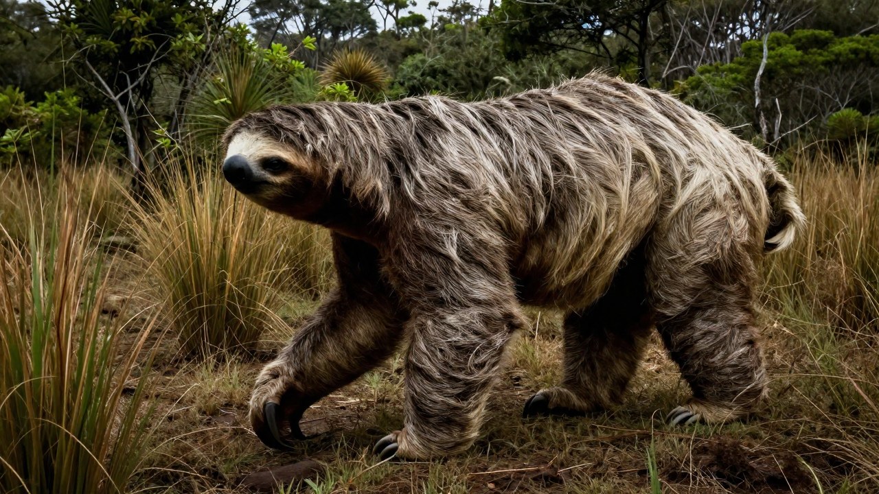 Un Megaterium americano colosal atraviesa la pradera prehistórica de Sudamérica.