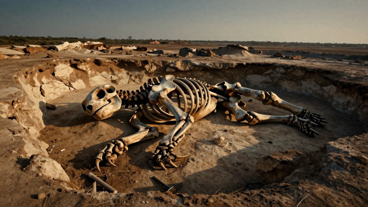 Esqueleto monumental del perezoso gigante *Megatherium americanum* en un sitio de excavación paleontológica árida.