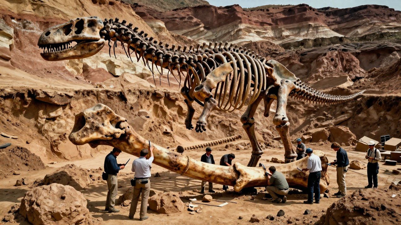 Investigadores estudian un enorme hueso fósil de Brachiosaurus en un sitio de excavación geológica.