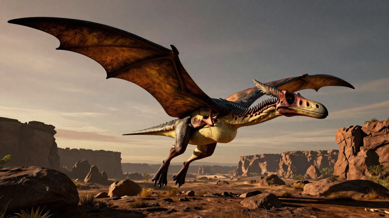 Hatzegopteryx pterosaur en un paisaje prehistórico, mostrando su anatomía robusta y su estructura de alas.