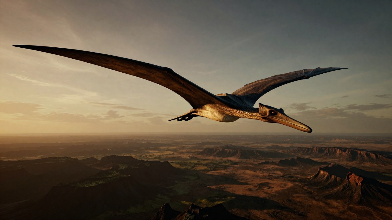 Quetzalcoatlus, un pterosaurio colosal, planea sobre un vasto paisaje prehistórico.