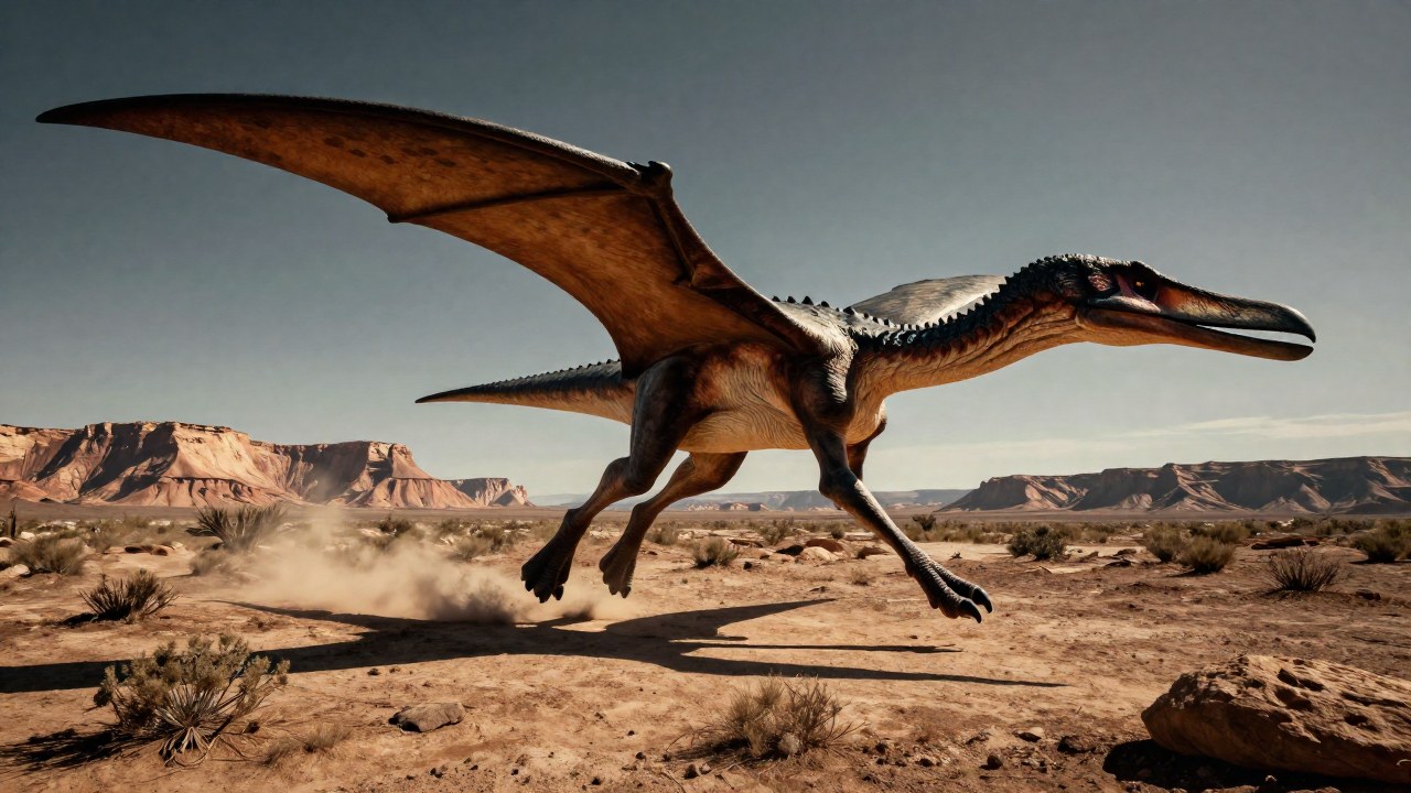 Un enorme Quetzalcoatlus atraviesa un paisaje prehistórico, árido y despejado.