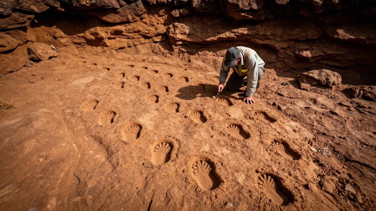 Paleontólogo examina huellas fósiles de dinosaurios incrustadas en roca sedimentaria en una excavación.