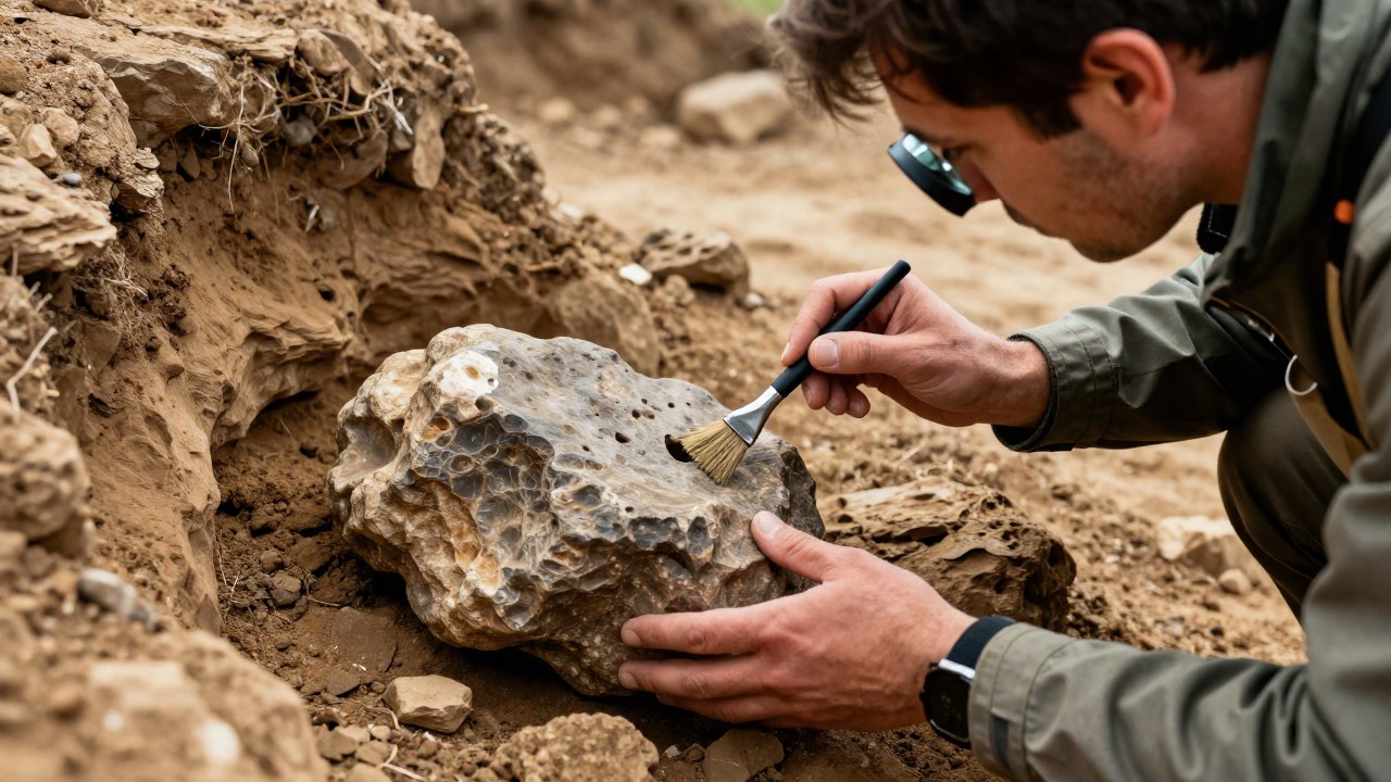 Paleontólogo examinando un gran coprolito fosilizado en un sitio de excavación prehistórica.