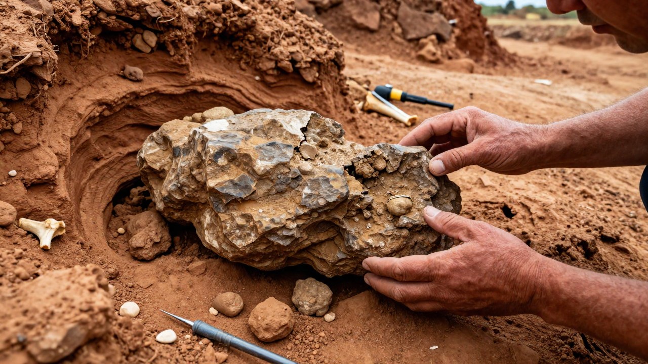 Paleontólogo examina grandes coprolitos fosilizados en una excavación pleistocénica que evidencia la dieta de megafauna.