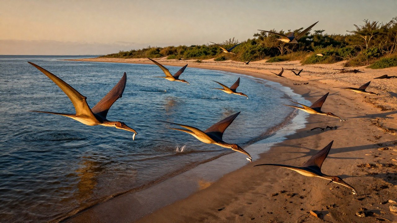 Pterosaurios en un ecosistema costero cazan utilizando diversas estrategias como pesca y forrajeo.