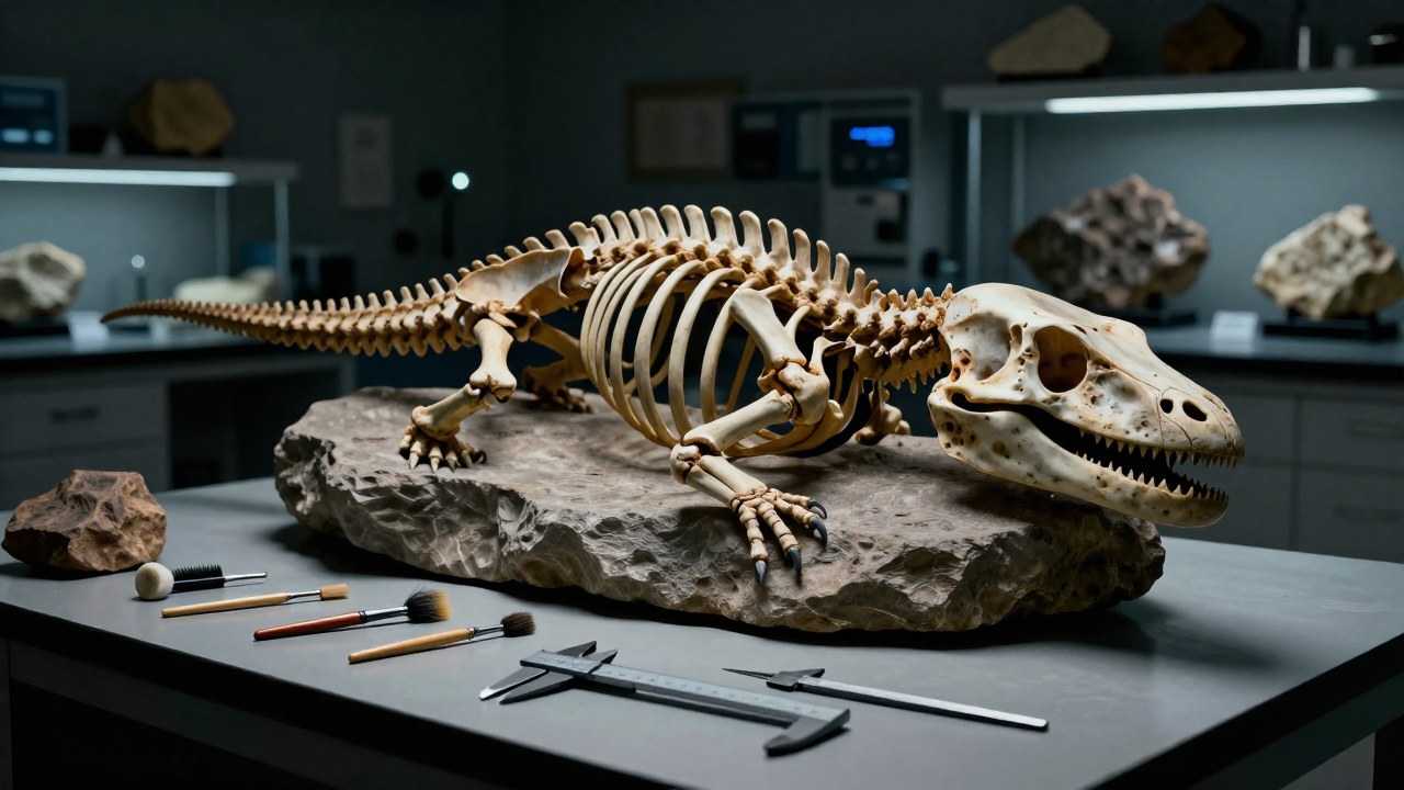 Fósil parcial de ictiosaurio en un laboratorio, rodeado de herramientas de paleontología para su estudio.